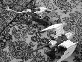 Battle Cougar and Kingliger camouflaged against a patterned rug in black and white