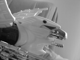 A side view of Battle Cougar's head in black and white